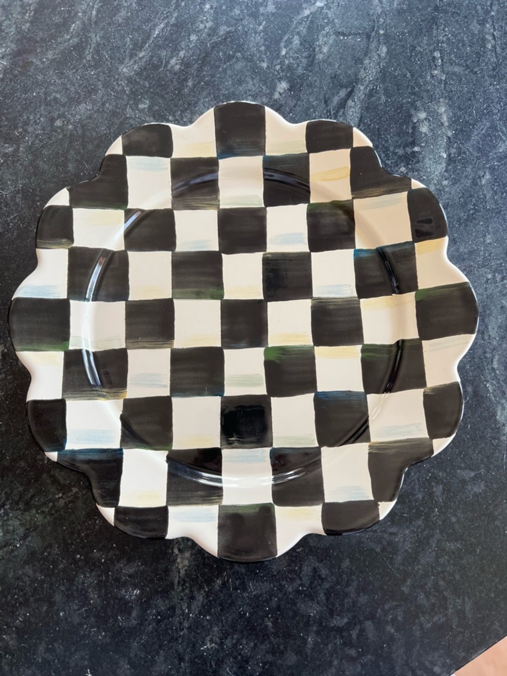 MacKenzie-Childs Black and White Check Scalloped Courtly Metal Dinner Plate. New